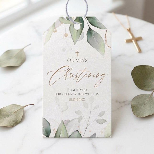 Grönska Guld Akvarell Doppresentkort Presentetikett (Greenery Gold Watercolor Christening Gift Tag)