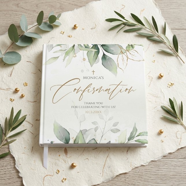 Grönska Guld Akvarell Konfirmation Fyrkant Gästböcker (Greenery watercolor Confirmation guest book with eucalyptus and gold script design)
