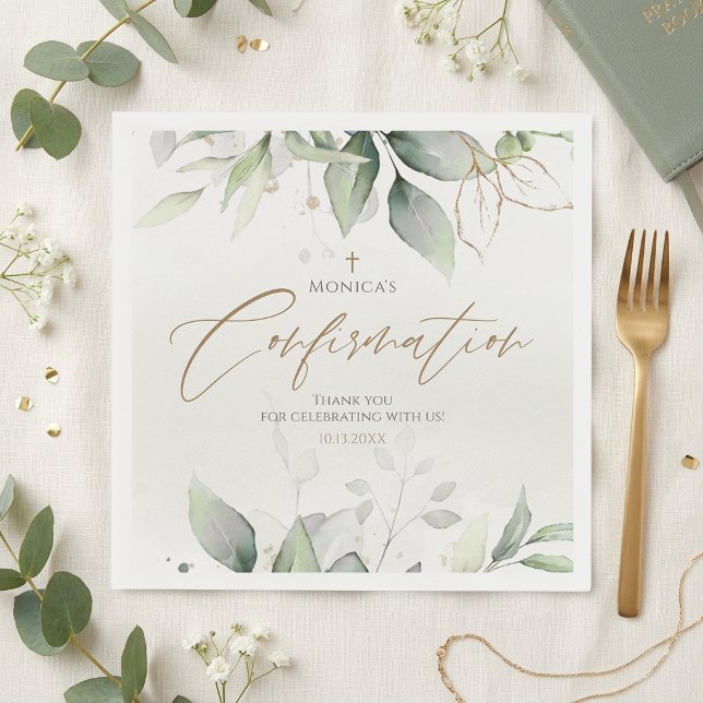Grönska Guld Akvarell Konfirmation Pappersservett (Greenery Gold Watercolor Confirmation Napkins)