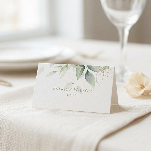 Grönska Guld Akvarell Konfirmation Placeringskort (Greenery Gold Watercolor Confirmation Place Card)
