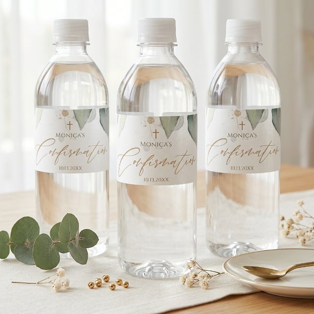 Grönska Guld Akvarell Konfirmation Vattenflaskor Etikett (Greenery Gold Watercolor Confirmation Water Bottle Label)