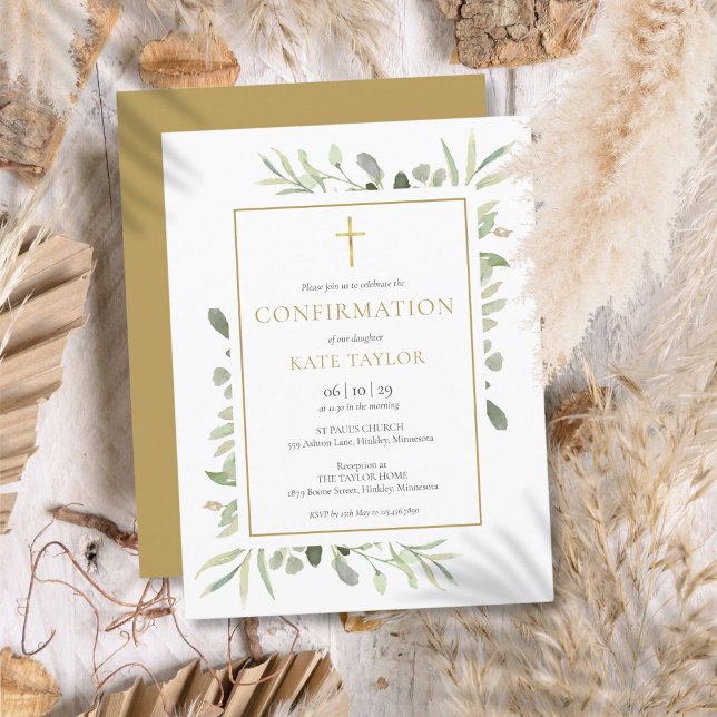 Grönska Guld Bekräftelse Inbjudan Vykort (Greenery Gold Confirmation Invitation)