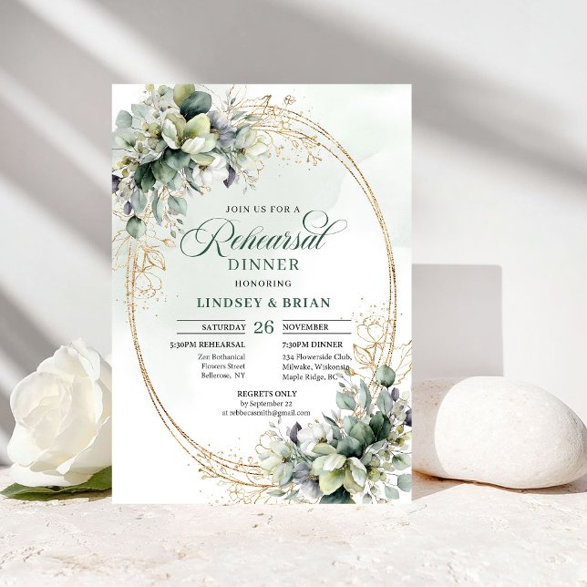 Grönska Guld Botaniska Övningsmiddagsinbjudningar Inbjudningar (Greenery Gold Botanical Rehearsal Dinner Invitation)