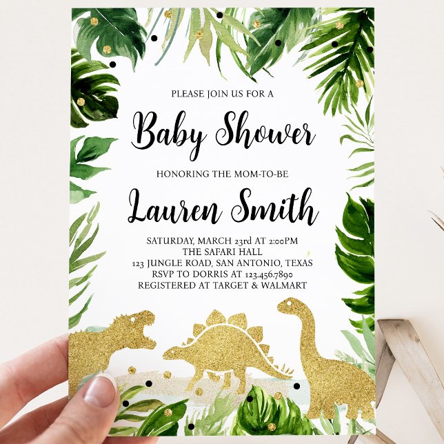 Grönska Guld Dinosaurie Baby Shower  Inbjudningar (Skapare uppladdad)