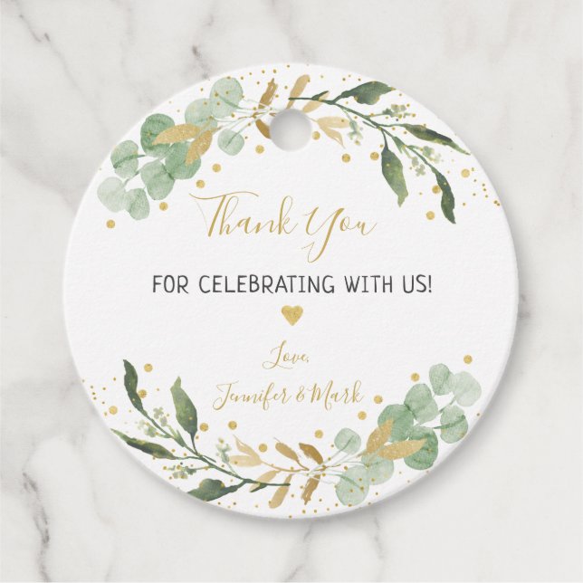 Grönska Guld Eukalyptus Babyfirande Gåvor Etiketter (Framsida)