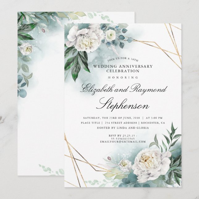 Grönska Guld Geometrisk Blommig Bröllopsjubileum Inbjudningar (Fram/baksida)