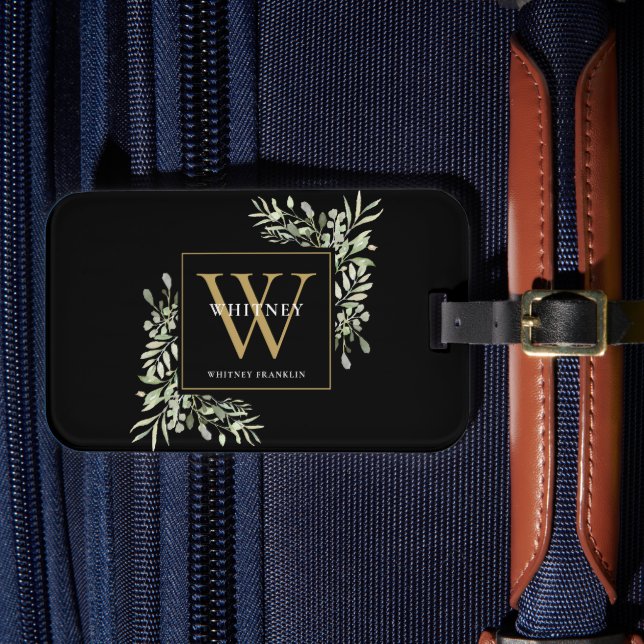 Grönska Guld Monogram Modern Svart Bagagebricka (Framsida Insitu 4)