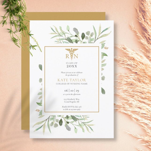 Grönska Guld RN Sjuksköterskeexamen Fest Inbjudningar (Greenery Gold RN Nursing Graduation Party Invitation)