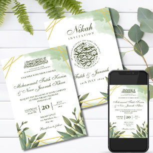 Grönska Guld Vit Muslim Bröllop Nikah Inbjudningar