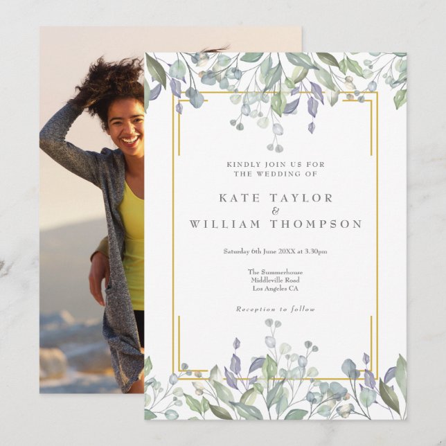 Grönska Lilas Vattenfärg Blommig Foto Bröllop Inbjudningar (Fram/baksida)