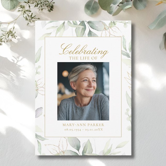 Grönska "Livets firande" Foto Begravning Inbjudningar (Greenery "Celebration of Life" Photo Funeral Invitation)