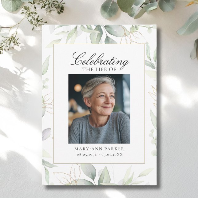 Grönska "Livets firande" Foto Begravning Inbjudningar (Greenery "Celebration of Life" Photo Funeral Invitation)