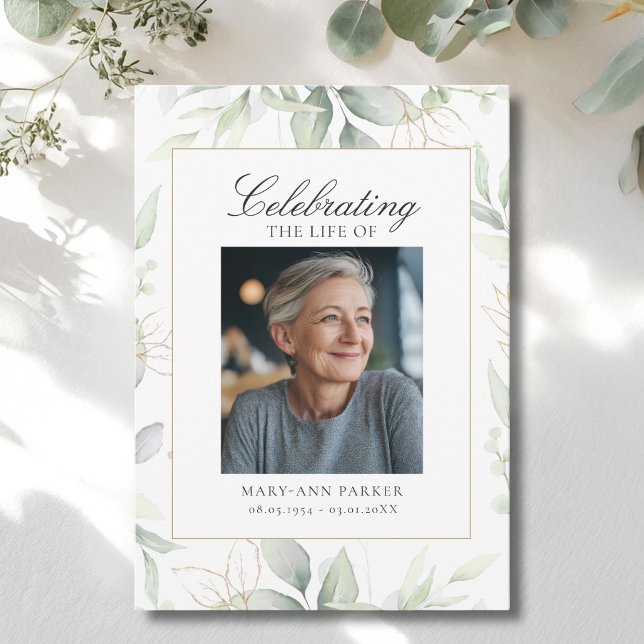 Grönska "Livets firande" Foto Begravning Inbjudningar (Greenery "Celebration of Life" Photo Funeral Invitation)