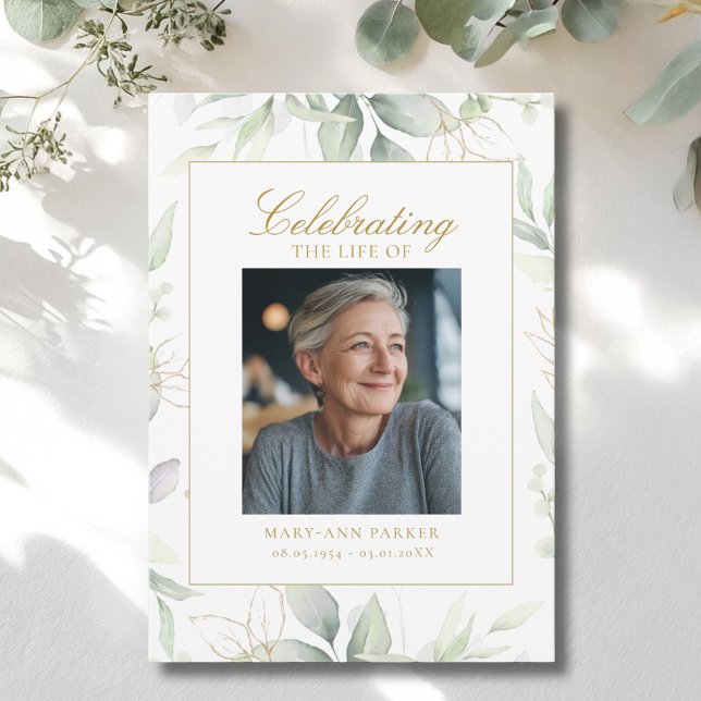 Grönska "Livets firande" Foto Begravning Inbjudningar (Greenery "Celebration of Life" Photo Funeral Invitation)