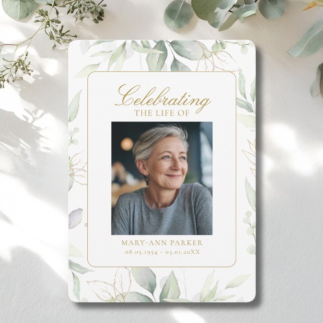 Grönska "Livets firande" Foto Begravning Inbjudningar (Greenery Eucalyptus "Celebration of Life" Photo Funeral Invitation)