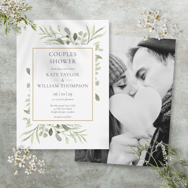 Grönska Löv Bröllopsdusch Foto Inbjudningar (Greenery Foliage Photo Couples Shower Invitation)