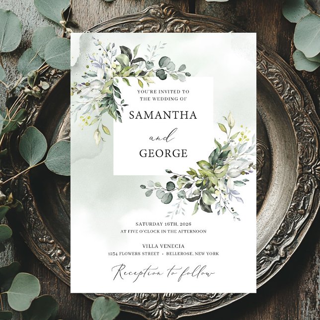 Grönska lövverk boho modern eukalyptus bröllop inbjudningar (Greenery foliage boho modern eucalyptus wedding invitation)