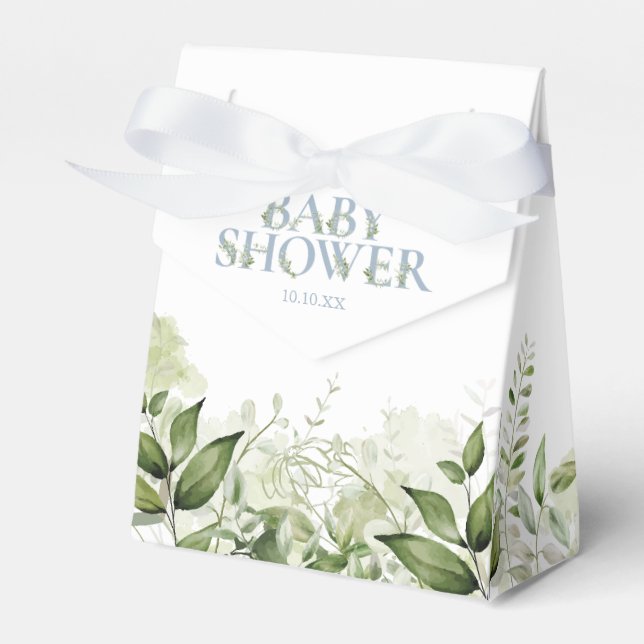 Grönska lövverk dammig blå baby shower presentförp presentaskar (Framsidan Sidan)