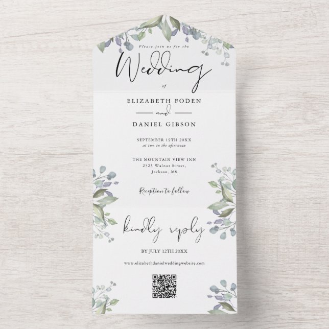 Grönska lövverk elegant script QR-kod bröllop (Insida)