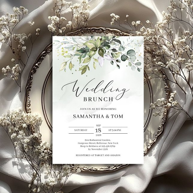 Grönska lövverk eukalyptus boho bröllop brunch inbjudningar (Greenery foliage leaves eucalyptus boho wedding invitation)