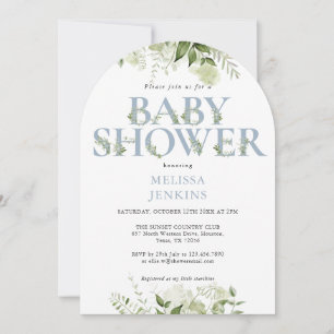 Grönska lövverk pojke dammig blå bokstav baby show inbjudningar