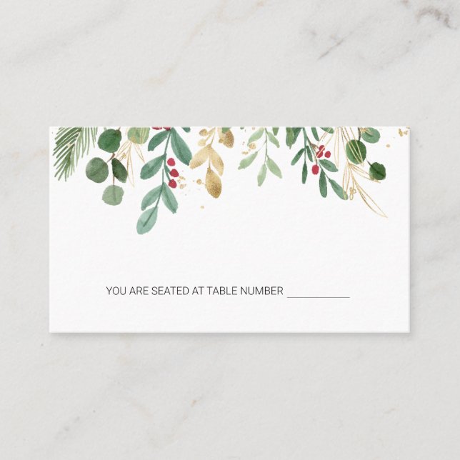 Grönska Lövverk Röd Bär Jul Bröllopsplat Placeringskort (Framsida)