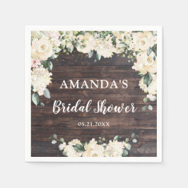 Grönska lövverk rustik trä boho vita rosor pappersservett