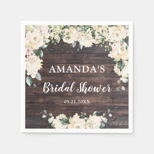 Grönska lövverk rustik trä boho vita rosor pappersservett (Framsidan)