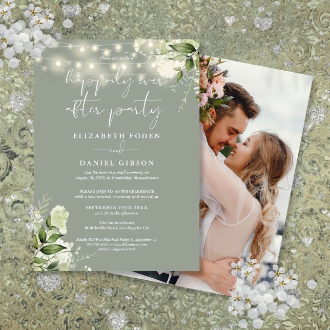Grönska Lyckliga Slutet Bröllopsfotografi för Pare Inbjudningar (Greenery Happily Ever After Eloped Wedding Photo Invitation)