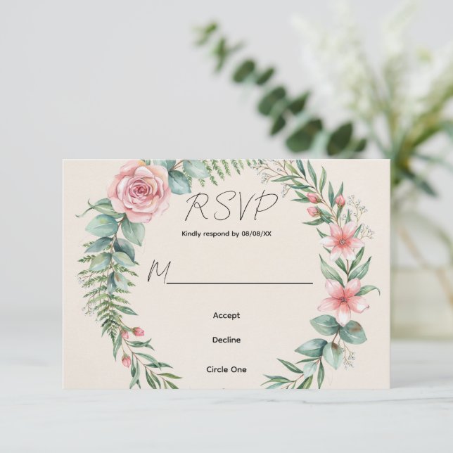 Grönska Med Rosa Blommor Romantisk Bröllop OSA Kort (Stående Fram)