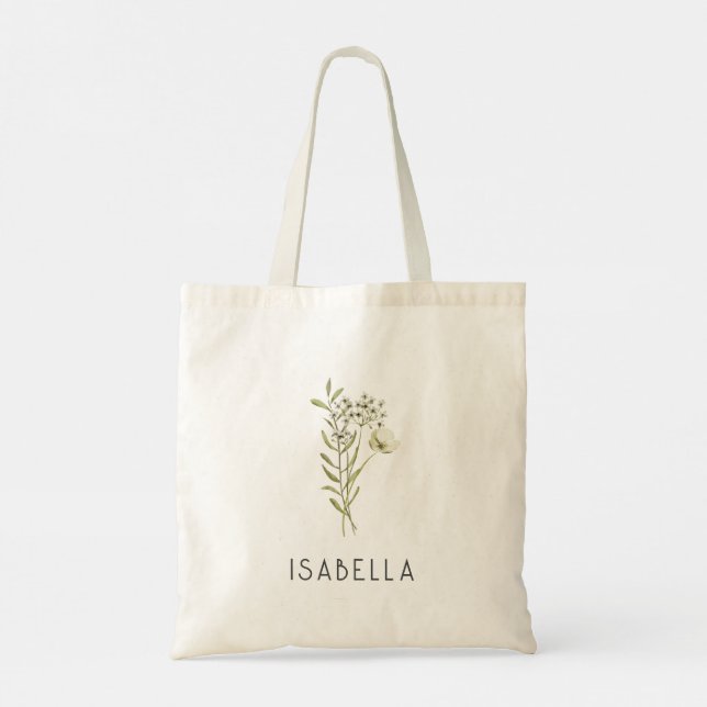 Grönska Minimal Floral Anpassat Namn Modern Tygkasse (Baksida)