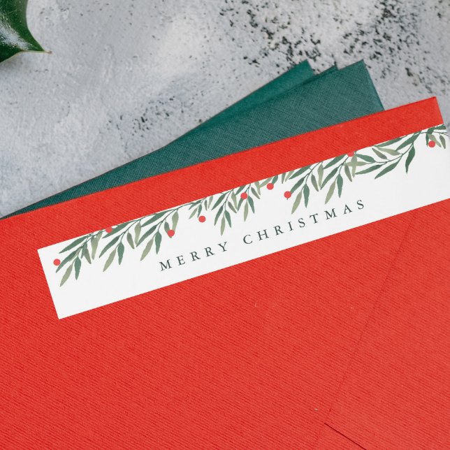 Grönska Modern jul returadress Etikettband (Elegant Christmas Greenery Leaves Foliage Christmas Return Address Label.)
