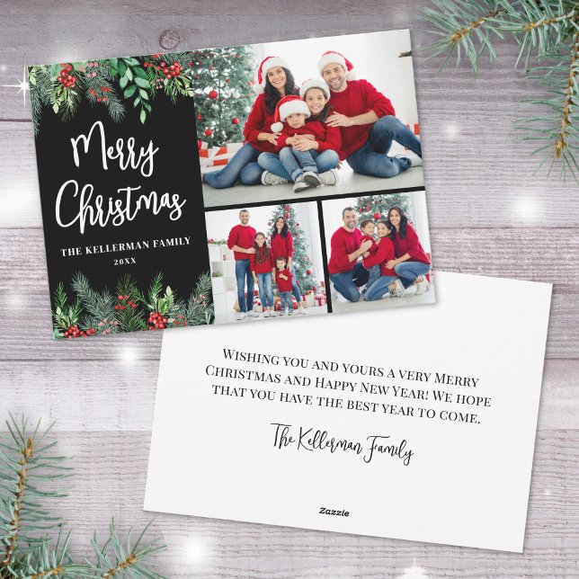 Grönska Modernt Foto Jul Julkort (Greenery Modern Photo Collage Merry Christmas Holiday Card)