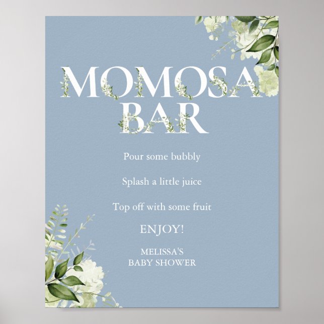 Grönska Momosa Bar Dammigt Blått Bebis Shower Poster (Framsidan)