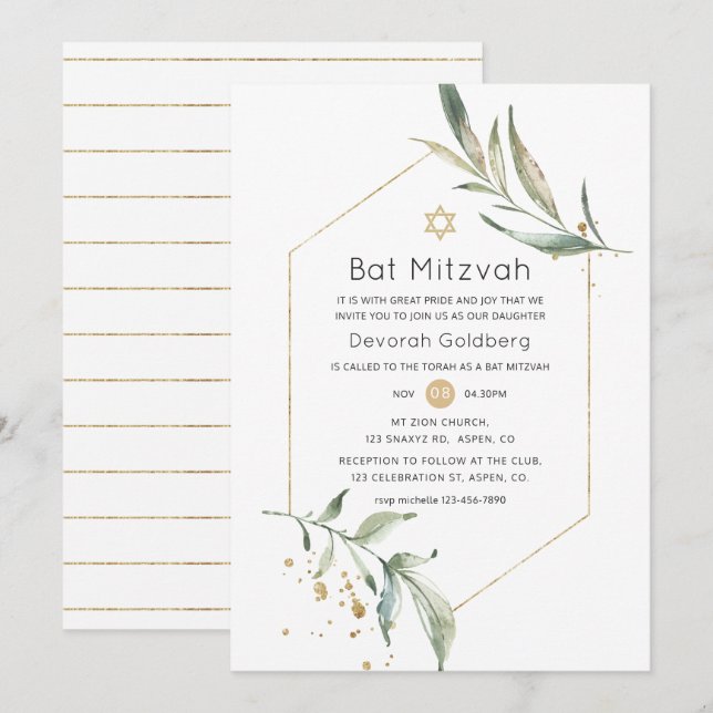 Grönska och guld glitter geometrisk Bat Mitzvah Inbjudningar (Fram/baksida)