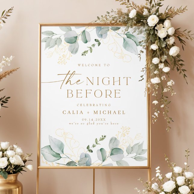 Grönska och guld natten före repetitionen välkomme poster (Elegant Greenery and Gold The Night Before Rehearsal Dinner Welcome Sign)