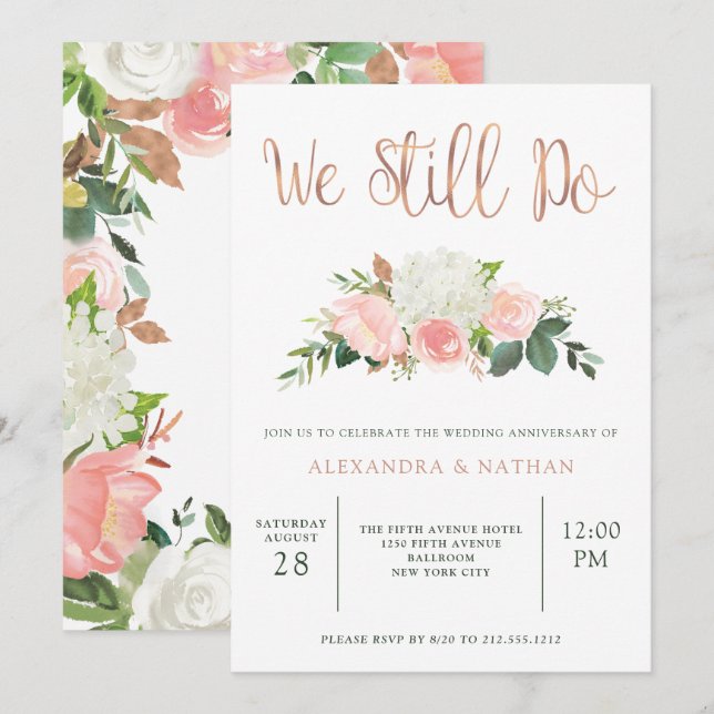 Grönska och Rosa Blommor | Bröllopsjubileum Inbjudningar (Fram/baksida)