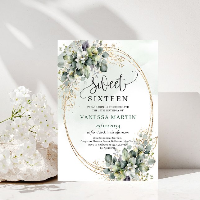 Grönska Och Vit Söt Sexton Botanisk Inbjudan (Greenery And White Sweet Sixteen Botanical Invite)