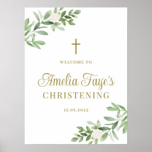 Grönska och vita blommor Dop Välkomstskylt Poster