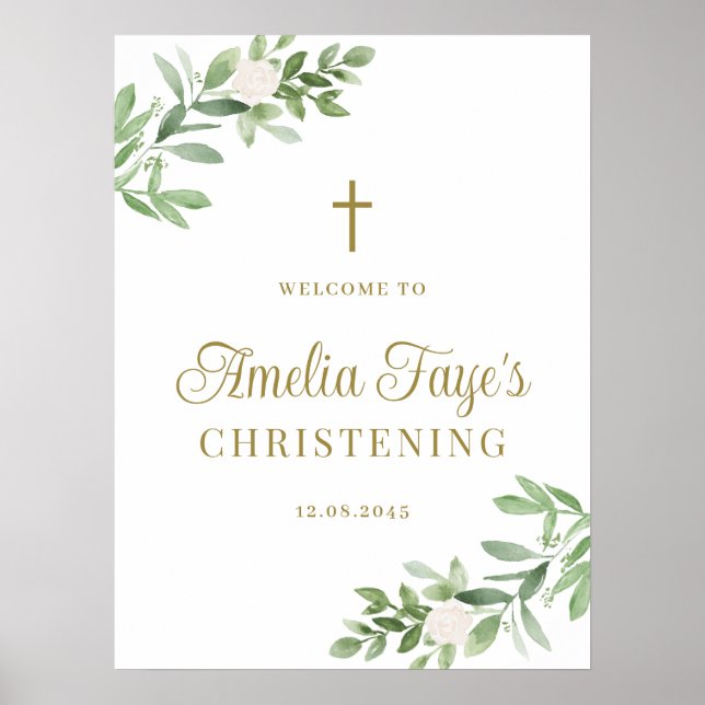 Grönska och vita blommor Dop Välkomstskylt Poster (Framsidan)