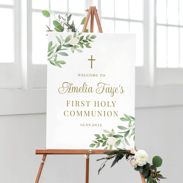 Grönska och Vita Blommor Första Kommunion Välkomst Poster (Customizable First Holy Communion welcome sign featuring watercolor greenery and gold texts.)