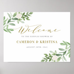Grönska och Vita Blommor Guld Par Duschar Poster