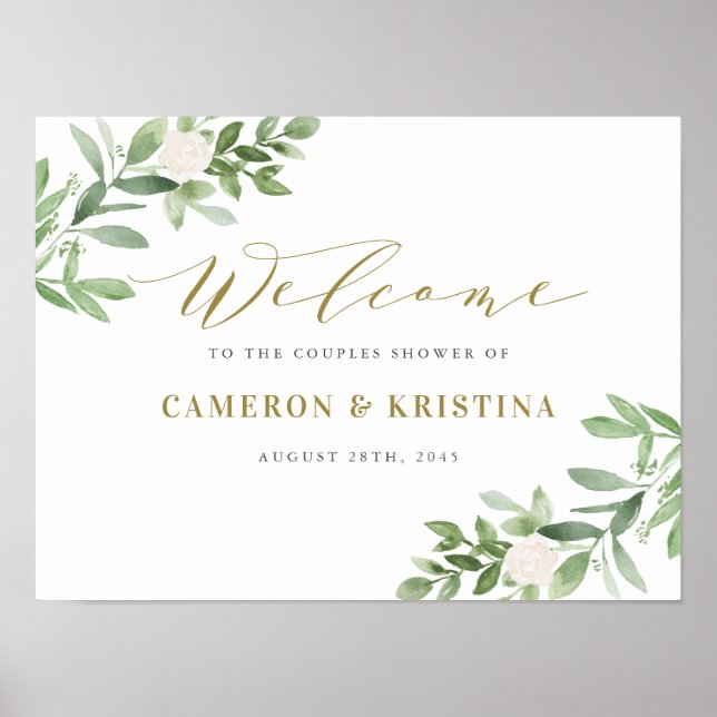 Grönska och Vita Blommor Guld Par Duschar Poster (Framsidan)