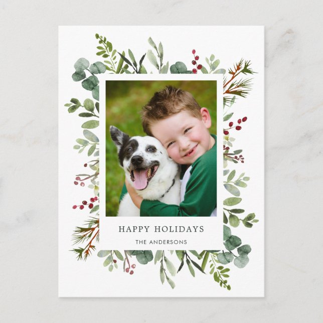 Grönska Röda Bär Jul Fotopostkort Helg Vykort (Framsida)