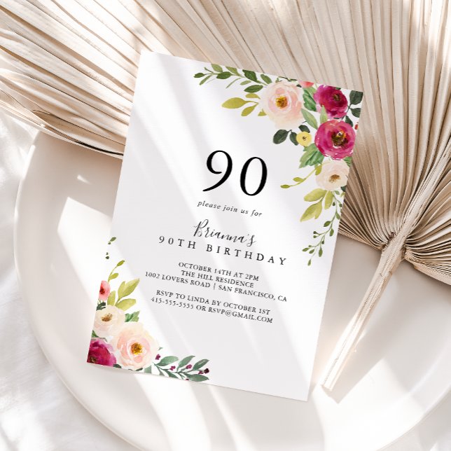 Grönska Rosa Blush Blommig 90-årsfirande Inbjudningar (Skapare uppladdad)