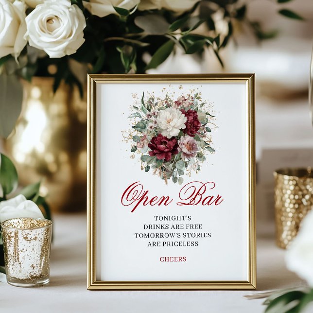 Grönska Rosaburgunder Öppen Bar Bordskylt Poster (Greenery Blush Burgundy Open Bar Tabletop)