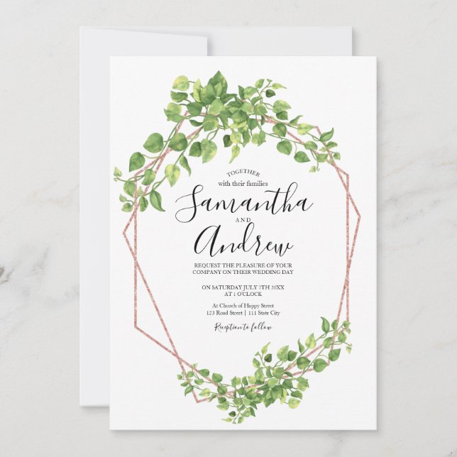 Grönska Rose Guld Elegant Akvarell Boho Blad Inbjudningar (Framsida)