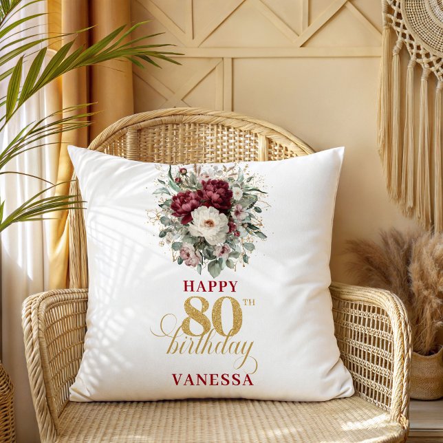 Grönska Rosenskär Burgunder 80-årspresent Kudd Kudde (Greenery Blush Burgundy 80th Birthday Gift Pillow)