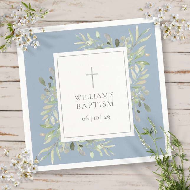 Grönska Silver Dop Dopfest Dammt blå Pappersservett (Greenery Silver Baptism Christening Dusty Blue Napkins)