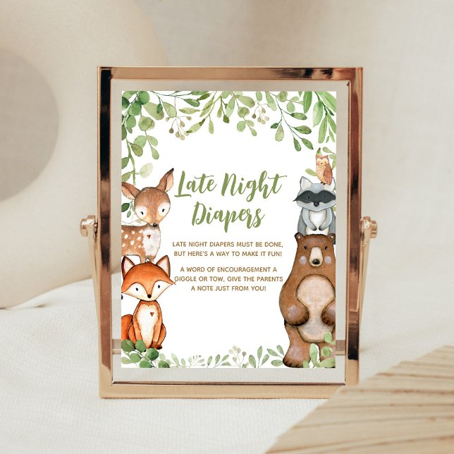 Grönska Skogsbad Sen Natt Blöjor Skylt (Woodland Animals Baby Shower Late Night Diapers Sign)